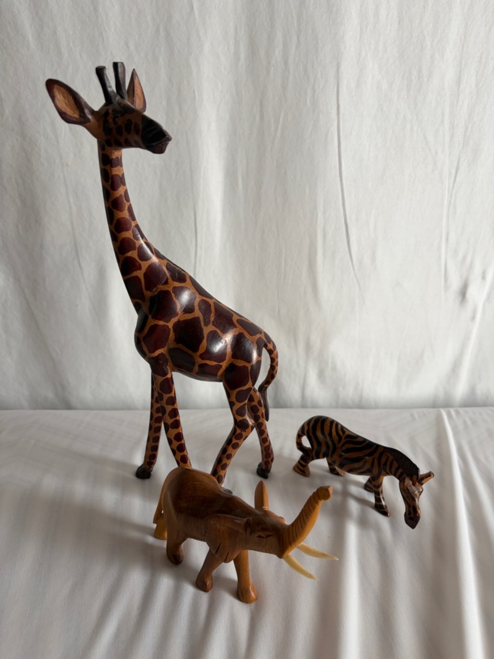Hand-Carved Wooden Giraffe, Elephant & Zebra Figurine Set - Brown